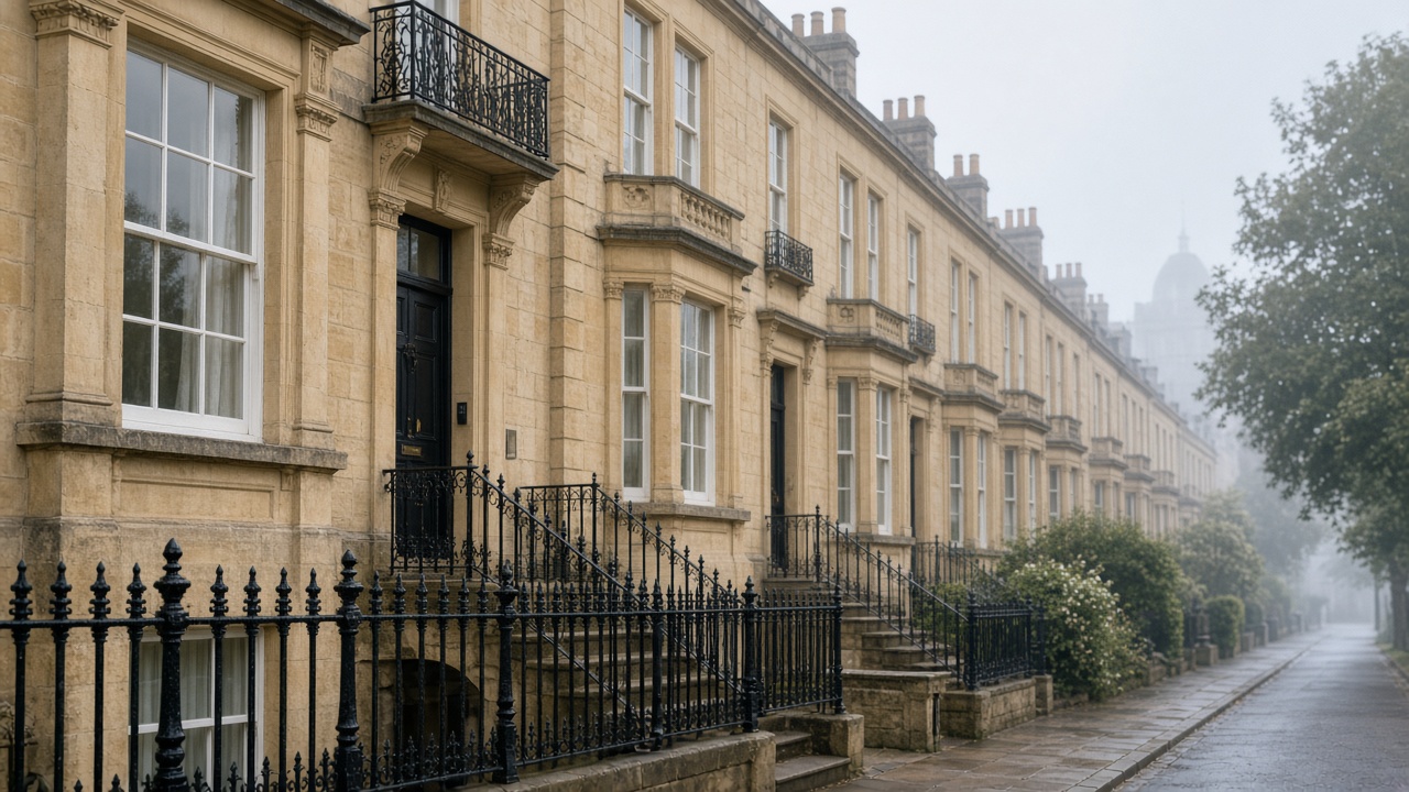 Misty limestone terrace with wrought-iron railings, illustrative of Harrogate spa-town architecture