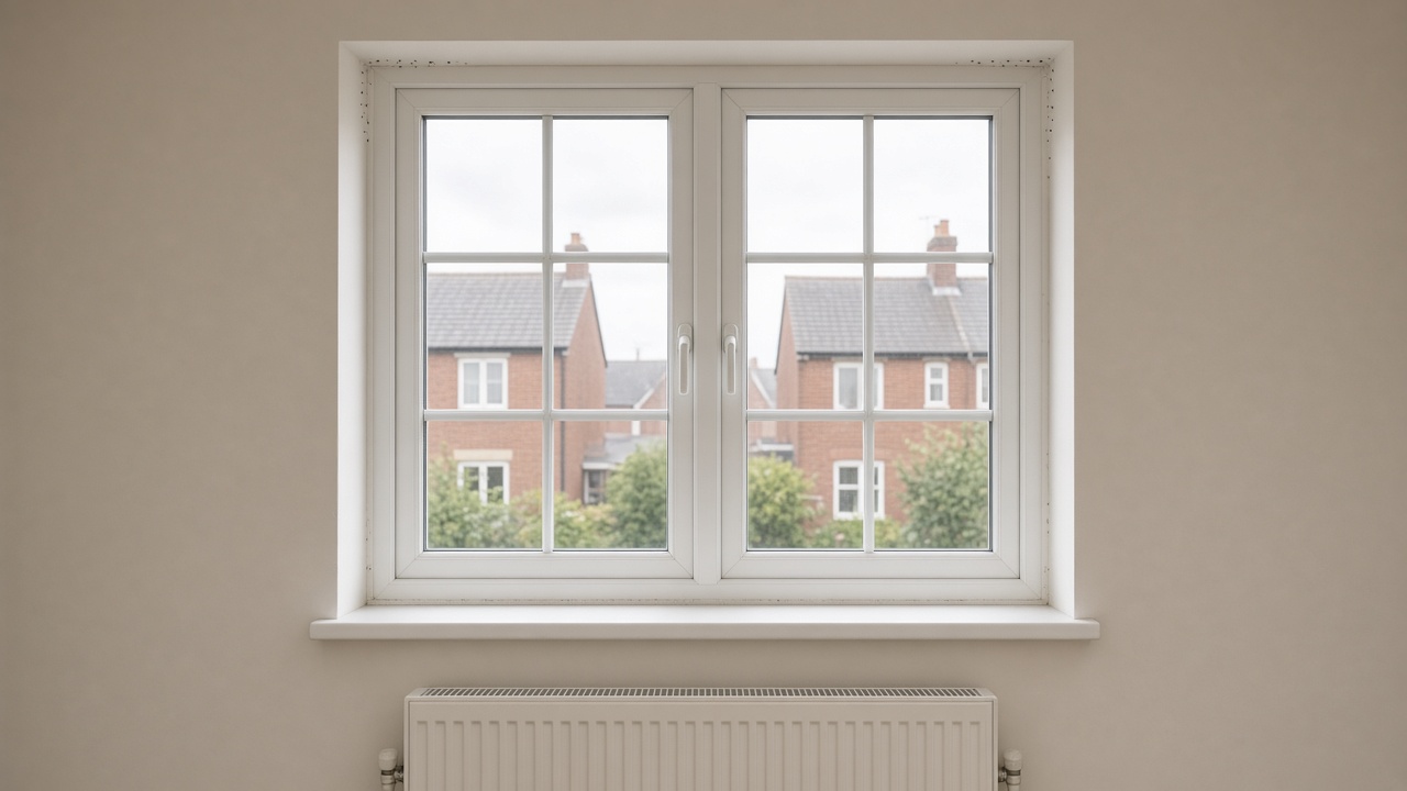 Illustrative window reveal showing early condensation and mould symptoms