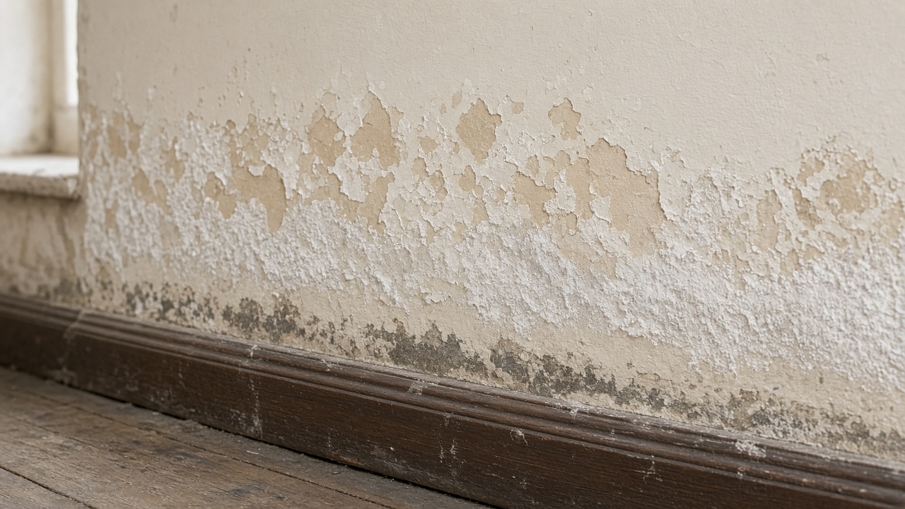 Close-up of peeling plaster and salt staining near a skirting board