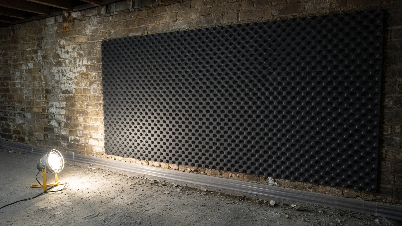 Dimpled waterproofing membrane against a concrete basement wall