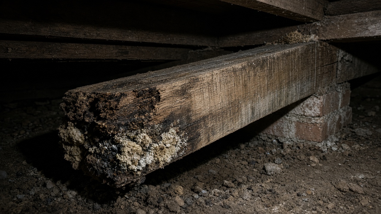 Illustrative example of timber decay associated with prolonged damp
